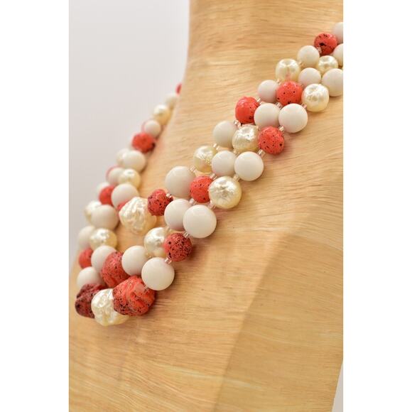 Japan Vintage Beaded Necklace Orange White Pearl Layered Chunky Signed 60s Bin7B - Picture 10 of 12